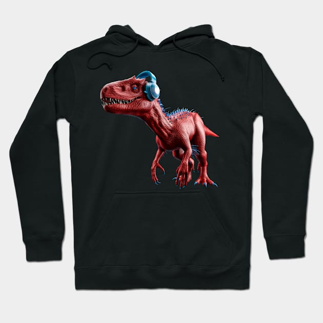 red and blue tyrannosaurus rex t-rext earing music with phones Hoodie by Nekron